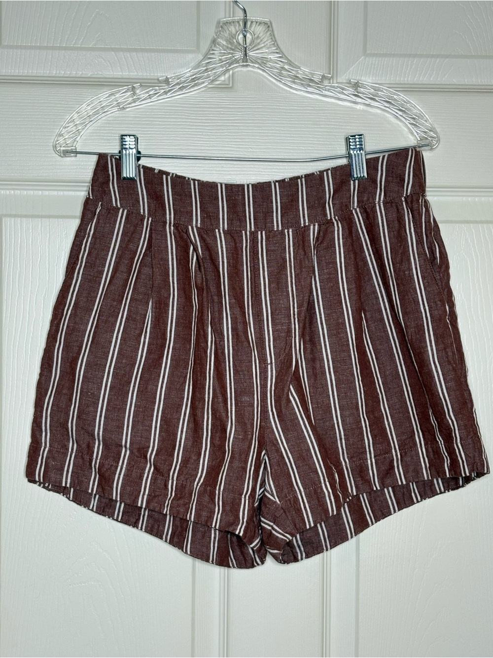 Pact Brown and White Striped Sleeveless Linen-Blend Shorts med and top is small - Picture 5 of 16